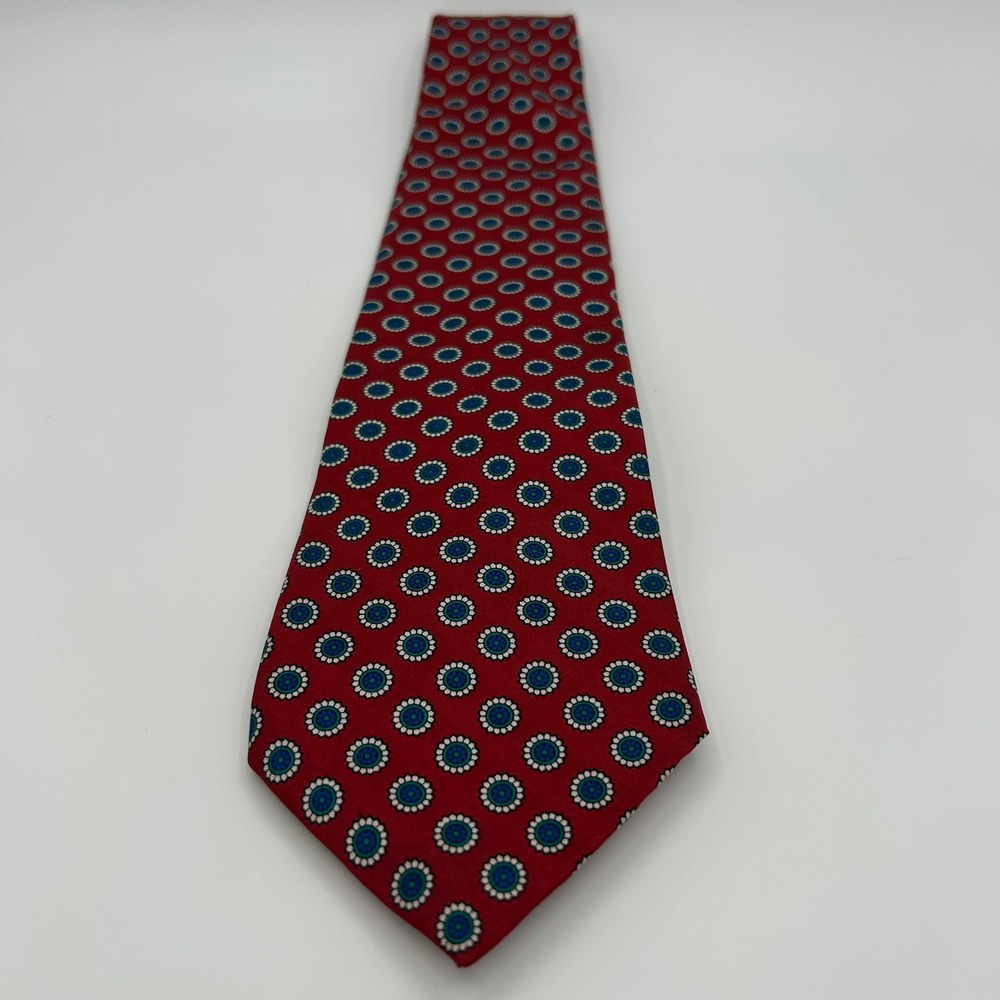 Hardy Amies Tie Mens Red Silk Geometric Medallion Savile Row Classic Vintage